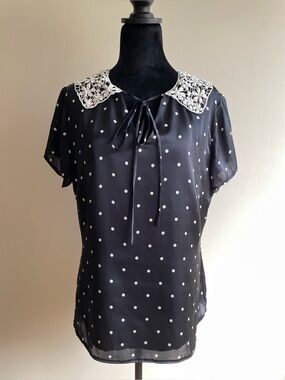 Estel Collection Polka Dot Blouse Lace Collar Pearl Detail EU 44 L
